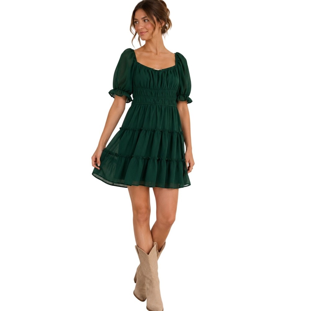 Altar'd State Mini Dress Women‎ S Green Smocked Tiered Ruffle Puff Sleeve